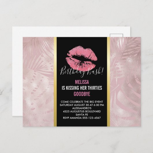 Roze Lippen & Roos Goud Tropische bladeren Verjaar Briefkaart (Voorkant / Achterkant)