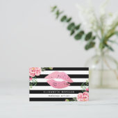 Roze Lips Floral Black White Stripes Makeup Artist Visitekaartje (Staand voorkant)