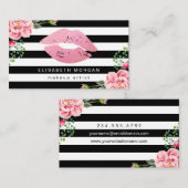 Roze Lips Floral Black White Stripes Makeup Artist Visitekaartje (Voorkant / Achterkant)