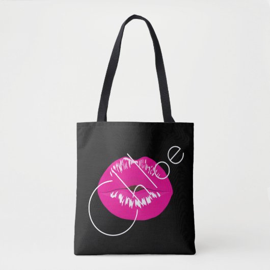 Roze Lips Kiss Black Naam aanpassen Canvas tas (Voorkant)