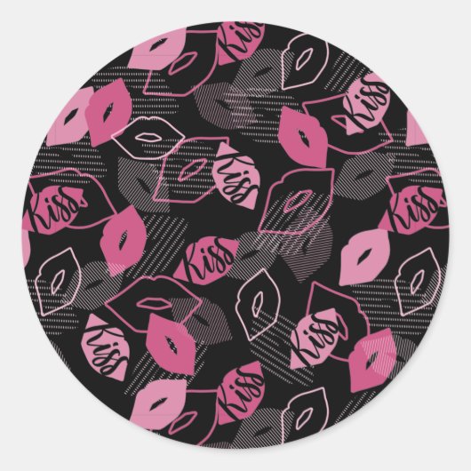 Roze lips Kissingpatroon Black Ver Ronde Sticker (Voorkant)