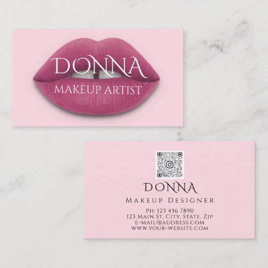 Roze lips QR Code Logo Makeup Lipstick Gloss Visitekaartje (Voorkant / Achterkant)