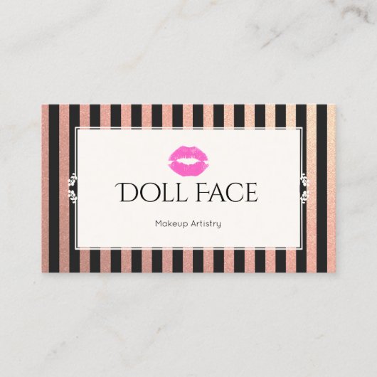 Roze lips Roos Gold en zwarte glitter Stripes Make Visitekaartje (Voorkant)