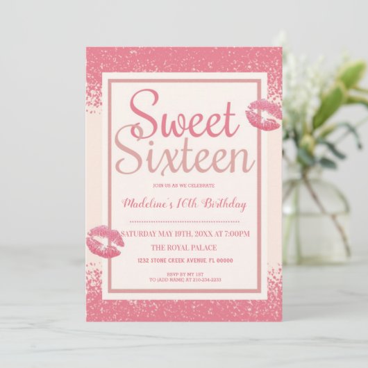 Roze Lips Sweet 16 Kaart (Staand voorkant)