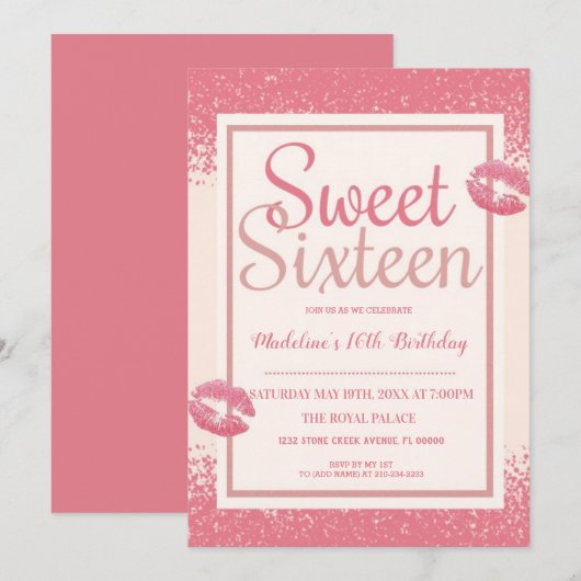 Roze Lips Sweet 16 Kaart (Voorkant / Achterkant)