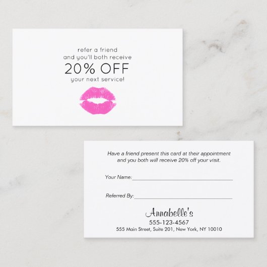 Roze Lipstick Kiss Beauty Klantverwijzing Aanbevelingskaartje (Voorkant / Achterkant)