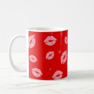 Roze lipstick Kisses op rood achtergrondpatroon Koffiemok
