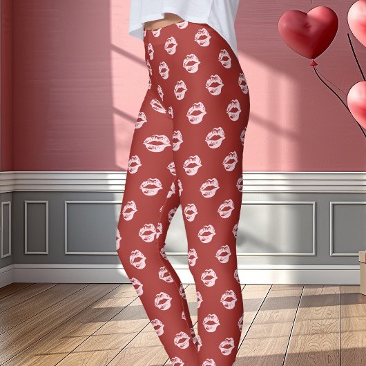 Roze Lipstick Kus Print Rood Leggings
