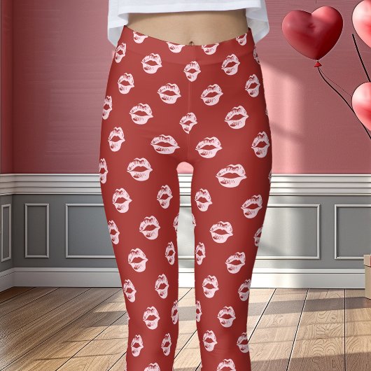 Roze Lipstick Kus Print Rood Leggings