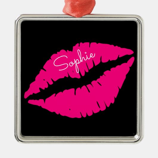 Roze lipstickus pop, persoonlijke naam metalen ornament (Voorkant)