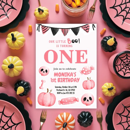 Roze Little Boo Een Meisje Halloween 1e Verjaardag Kaart