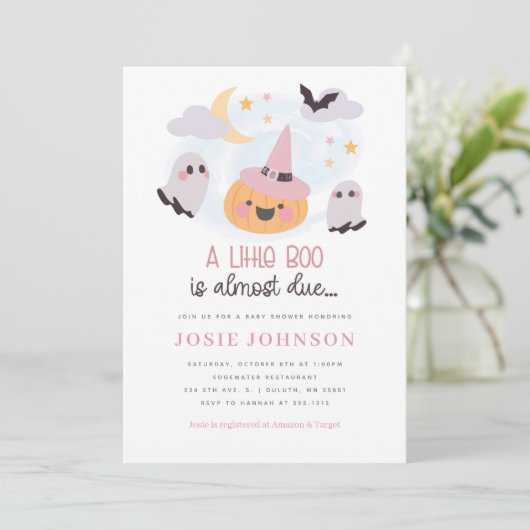 Roze Little Boo Halloween Baby shower Invitation Kaart (Staand voorkant)