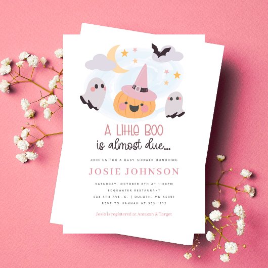 Roze Little Boo Halloween Baby shower Invitation Kaart