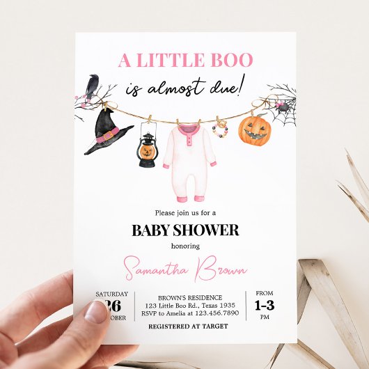Roze Little Boo Halloween Baby shower Kaart