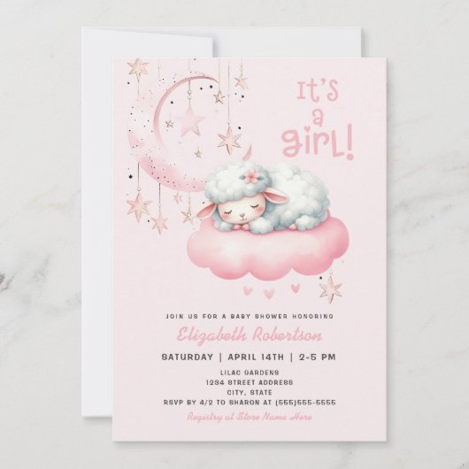 Roze Little Lamb Meisje Baby shower Kaart (Voorkant)