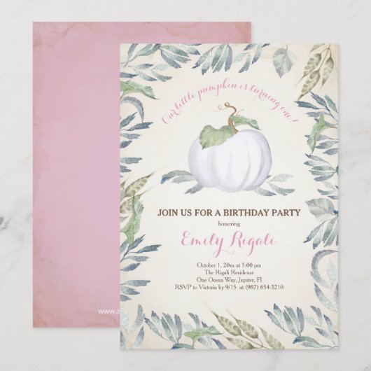 Roze Little Pumpkin BIRTHDAY ARTITY Invitation Kaart (Voorkant / Achterkant)