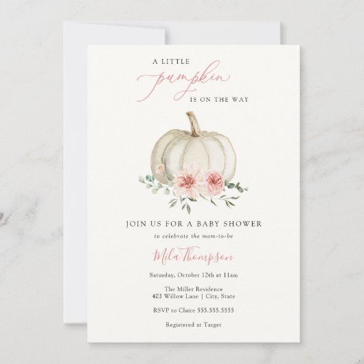 Roze Little Pumpkin Girl Baby shower Invitation Kaart (Voorkant)
