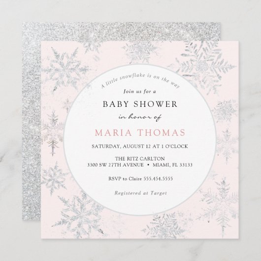 Roze Little Snowflake Baby shower Invitation Kaart (Voorkant / Achterkant)