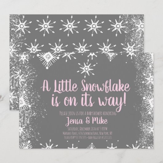 Roze Little Snowflakes Snowy Script Baby shower Kaart (Voorkant / Achterkant)