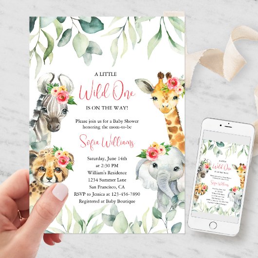 Roze Little Wild One Safari Baby shower Uitnodigin Kaart