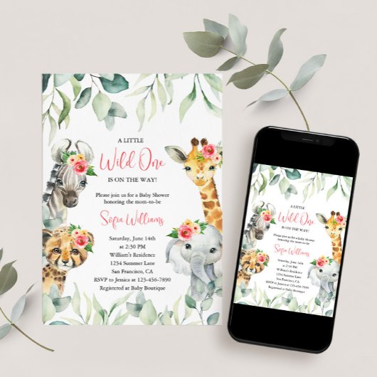 Roze Little Wild One Safari Baby shower Uitnodigin Kaart