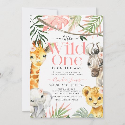 Roze Little Wild One Safari Oerwoud Baby shower Kaart (Voorkant)