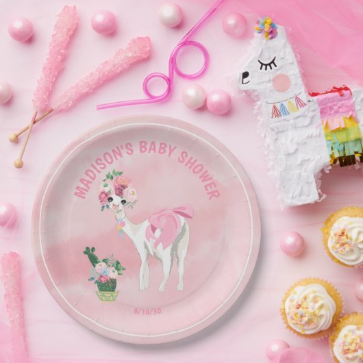 Roze Llama Alpaca Girls Baby shower Papieren Bordje (Feest)