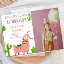 Roze Llama Birthday-uitnodigingen met foto