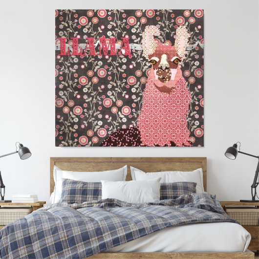 Roze Llama Bruin  Floral Art Canvas (Insitu (Slaapkamer))