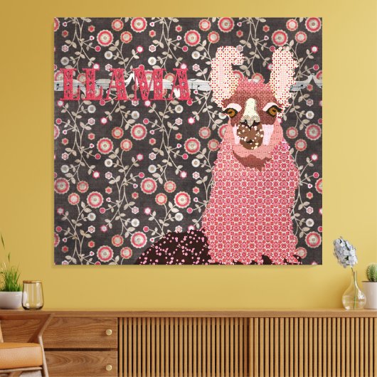 Roze Llama Bruin  Floral Art Canvas (Insitu (Woonkamer))