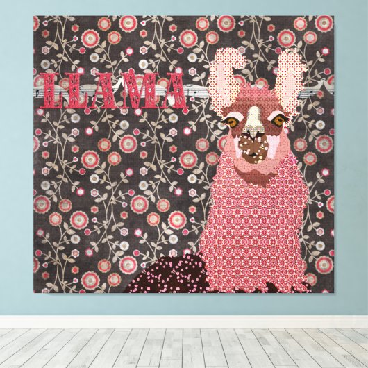 Roze Llama Bruin  Floral Art Canvas (Insitu (Houten vloer))