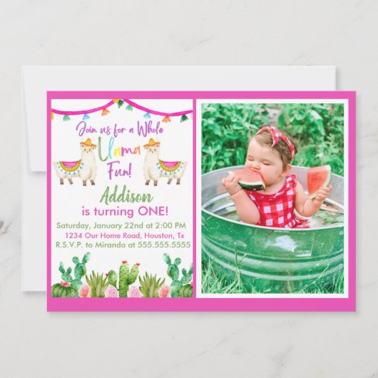 Roze Llama/Cactus Fiesta Fotouitnodiging Kaart (Voorkant)