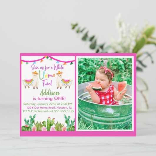 Roze Llama/Cactus Fiesta Fotouitnodiging Kaart (Staand voorkant)