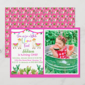 Roze Llama/Cactus Fiesta Fotouitnodiging Kaart (Voorkant / Achterkant)