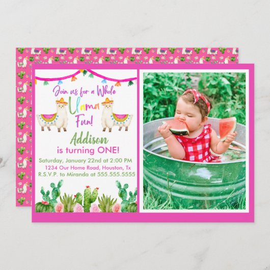 Roze Llama/Cactus Fiesta Fotouitnodiging Kaart (Voorkant / Achterkant)