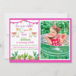 Roze Llama/Cactus Fiesta Fotouitnodiging Kaart