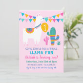 Roze Llama Fun First Birthday Party Girl Kaart (Staand voorkant)
