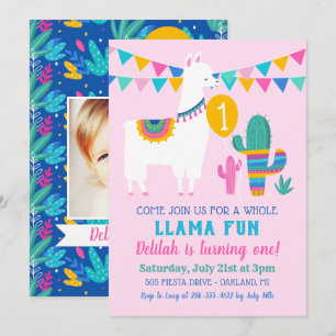 Roze Llama Fun First Birthday Party Girl Kaart