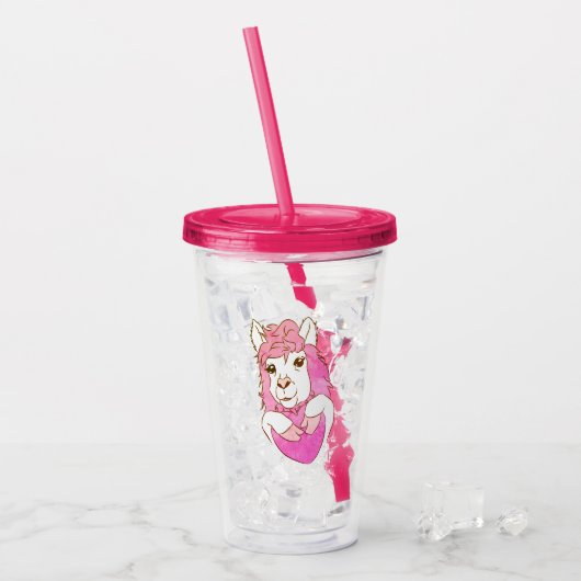 Roze Llama Heart Acryl Drinkbeker (Voorkant ijs)