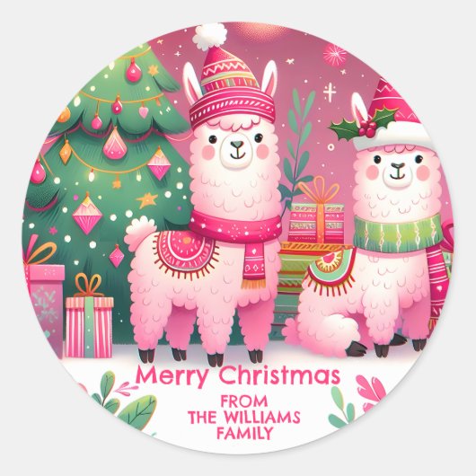 Roze Llama Kerstmis Ronde Sticker (Voorkant)