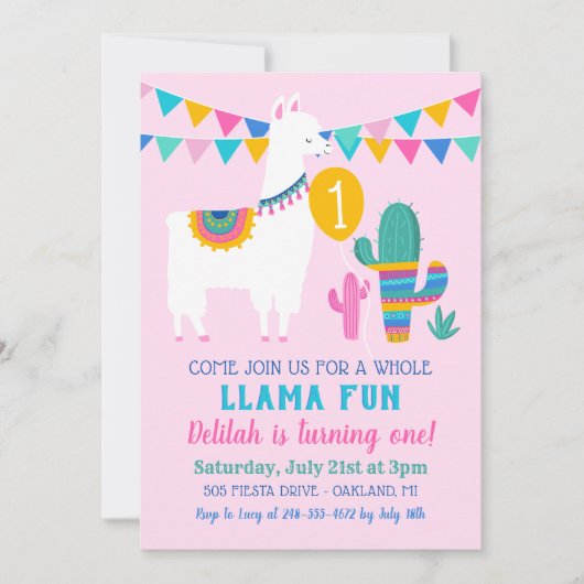 Roze Llama Leuk Eerste Verjaardagsfeestje Meisje F Kaart (Voorkant)