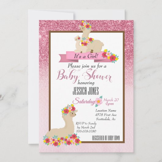Roze Llama Mama Sparkle Flower Baby shower Invite Kaart (Voorkant)