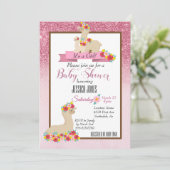 Roze Llama Mama Sparkle Flower Baby shower Invite Kaart (Staand voorkant)