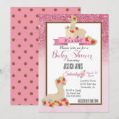 Roze Llama Mama Sparkle Flower Baby shower Invite Kaart (Voorkant / Achterkant)