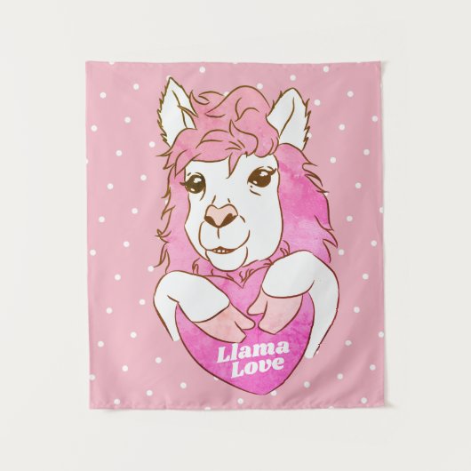 Roze Llama Sketch & White Polka Dots Llama Love Wandkleed (Voorkant)