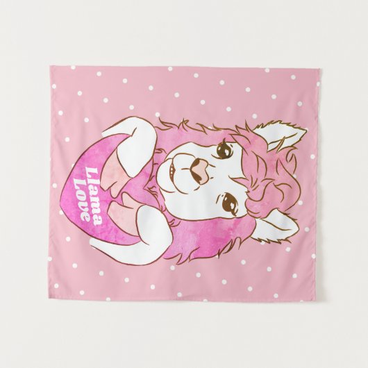 Roze Llama Sketch & White Polka Dots Llama Love Wandkleed (Voorkant (horizontaal))