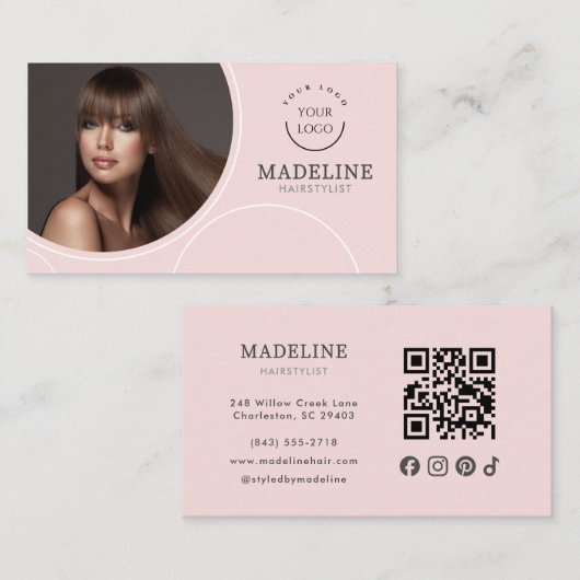 Roze Logo QR Code Foto Kapster Visitekaartje (Voorkant / Achterkant)