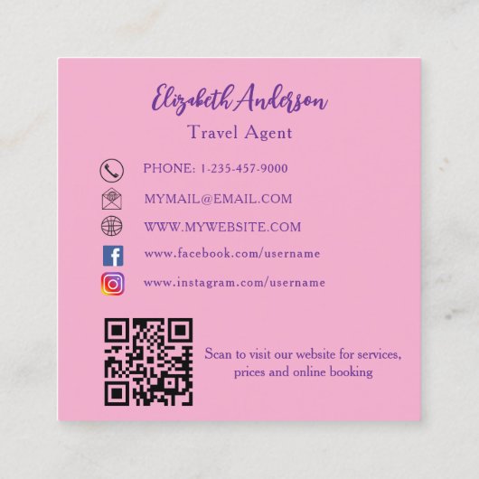 Roze logo QR code social media Vierkante Visitekaartje (Achterkant)