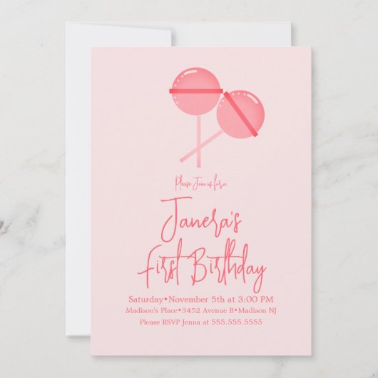 Roze Lollipops Snoep Bar, eerste uitnodiging op za (Voorkant)