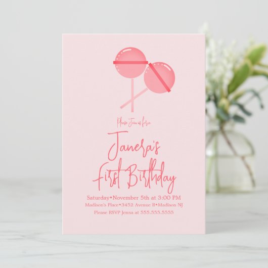 Roze Lollipops Snoep Bar, eerste uitnodiging op za (Staand voorkant)